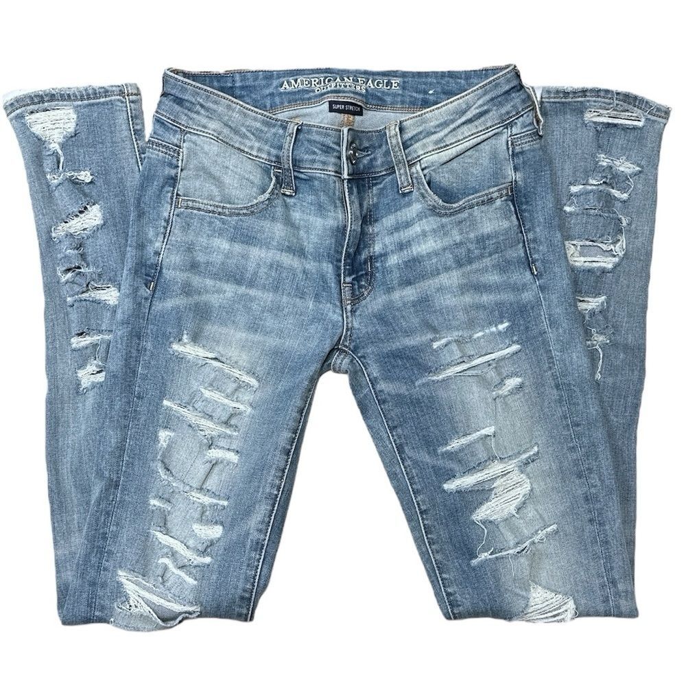 American Eagle Low Rise Thrashed Jeggings Distressed Skinny Jeans Size 4 Long